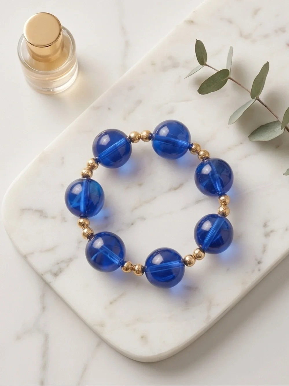 Bold Royal Blue Beaded Necklace  and Bracelets  Set with Gold Cross Pendant - Picture 3 of 5